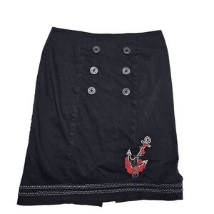 Living Dead Souls Women's Black Button-Front Skirt Roses‎ Anchor Embroidery  L